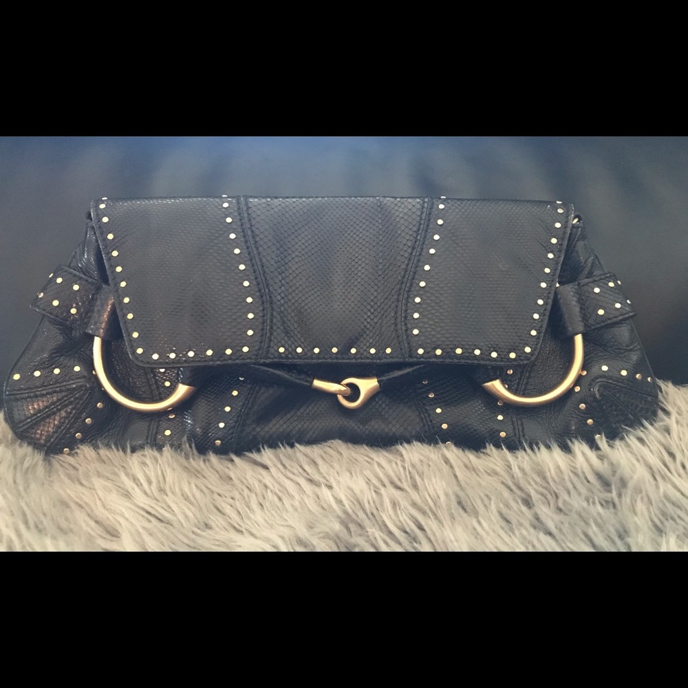 Gucci Black Snakeskin Studded Horsebit Clutch Bag